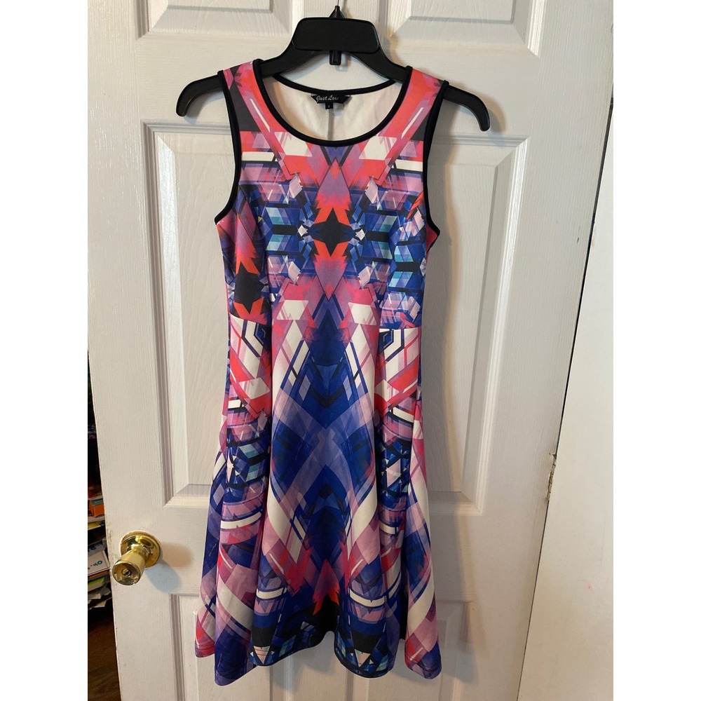 Just Love Geometric Kaleidoscope Print Fit and Flare Skater Dress Pink Blue S